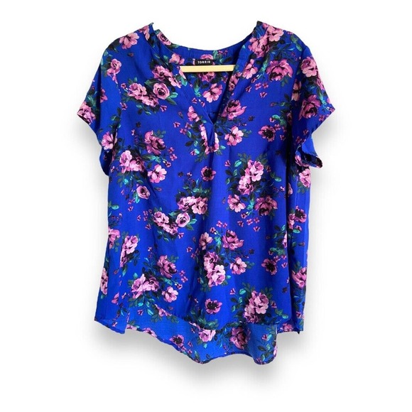 SOLD - Torrid Blouse Sz 0 L 12 Blue Floral Split Front Pullover Top Shirt Roses - Picture 5 of 8